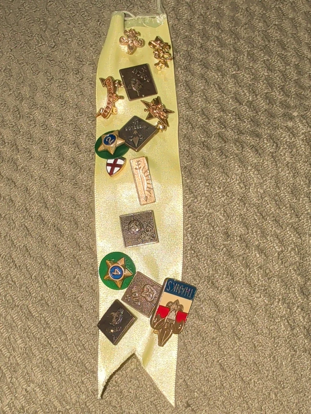 Cream Satin Badge Ribbon with Assorted Vintage Boy Scout Pins